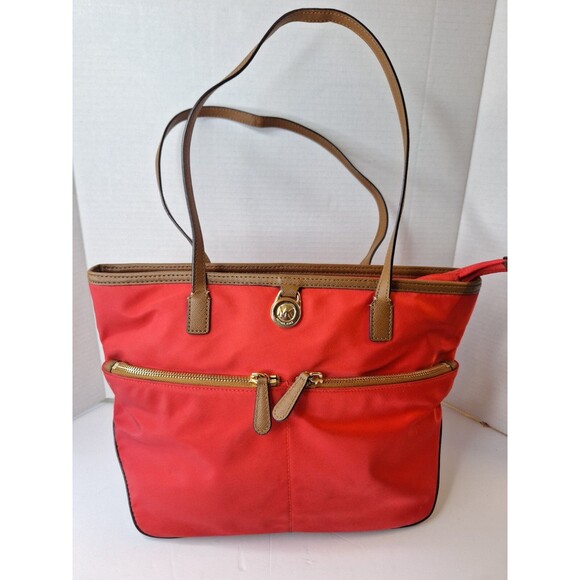 MICHAEL MICHAEL KORS Kempton Medium Nylon Tote with Leather Trim In Red/Khaki - Picture 1 of 13